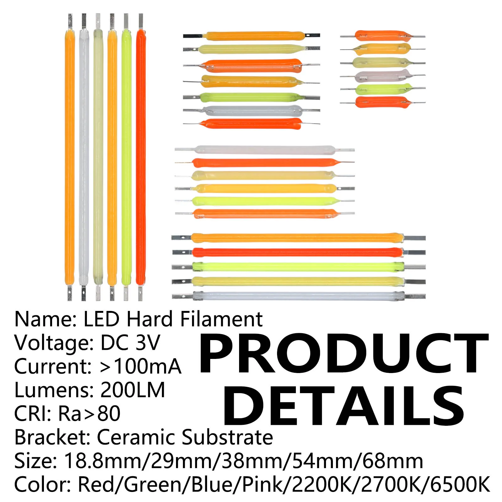 10pcs COB LED Filament 18.8mm 29mm 38mm 54mm 68mm Edison Bulb Lamp Parts DC 3V 12V 57V Incandescent Light Diodes Accessories