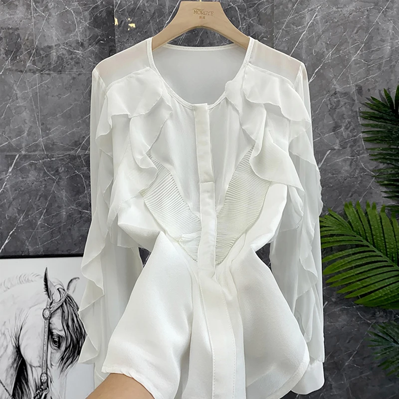 Ruffled Green Black and White Silk Top Long-sleeved Mulberry Silk Light and Breathable Commuter O-neck Shirt