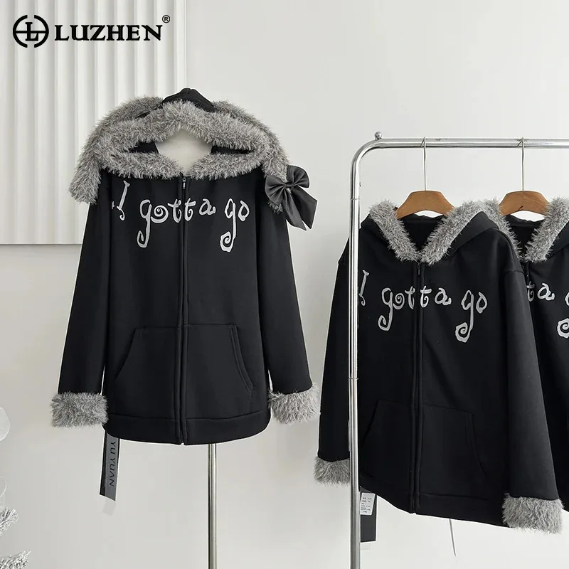 LUZHEN Personalized Cute Style Fur Hooded Coat Women 2024 Winter Letter Printed Loose Original Street Casual Warm Jacket AA2931