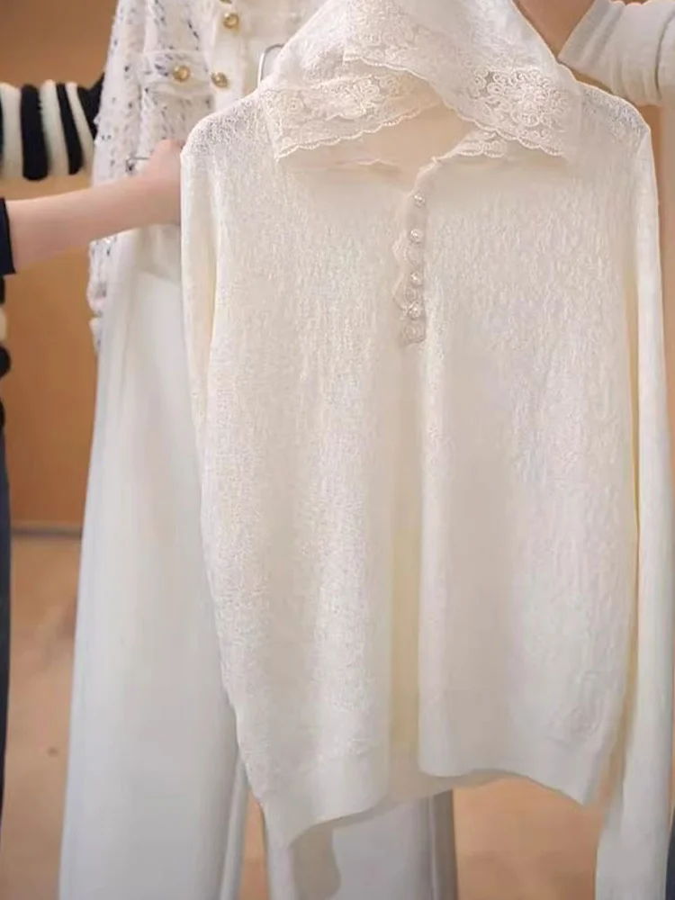 Maglione lavorato a maglia lungo Sve con cappuccio in pizzo Ele Casual Pendolarismo Strato base versatile Top Faion premium da donna Sle coreano