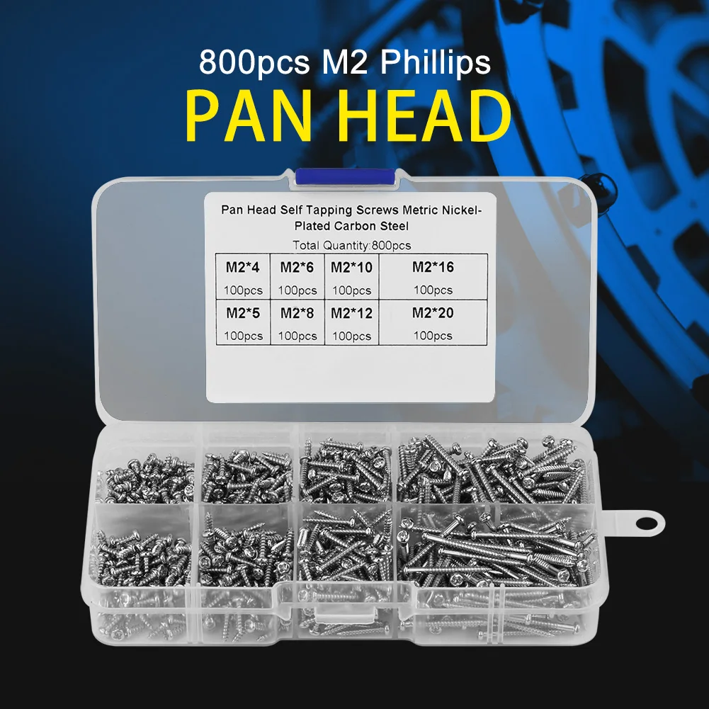 

800pcs M2 Cross Drive Pan Head Self Tapping Screws Woodworking Fastener With Box