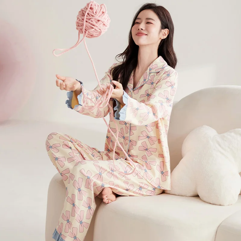 Bowknot Women Pajamas Set Cute Kawaii Sweet Sleepwear Long Sleeves Long Pants Autumn Winter Pyjamas Cozy Pijamas Girl Pjs Button