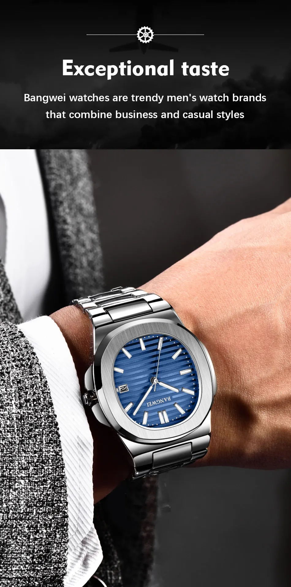BANGWEI Modische Quadratische Quarz-Herrenuhr Wasserdicht Leuchtend mit Datumsanzeige Edelstahl-Uhren für Männer Luxuriöse Business-Herrenarmbanduhr – Detail 2