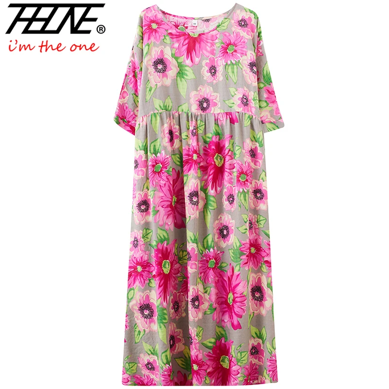 Thhone Vestidos Para Mujer Bohemian Print Maxi Lange Jurk Voor Vrouwen 2024 Bloemen Casual Katoen Linnen Losse Vintage Gewaad Jurken