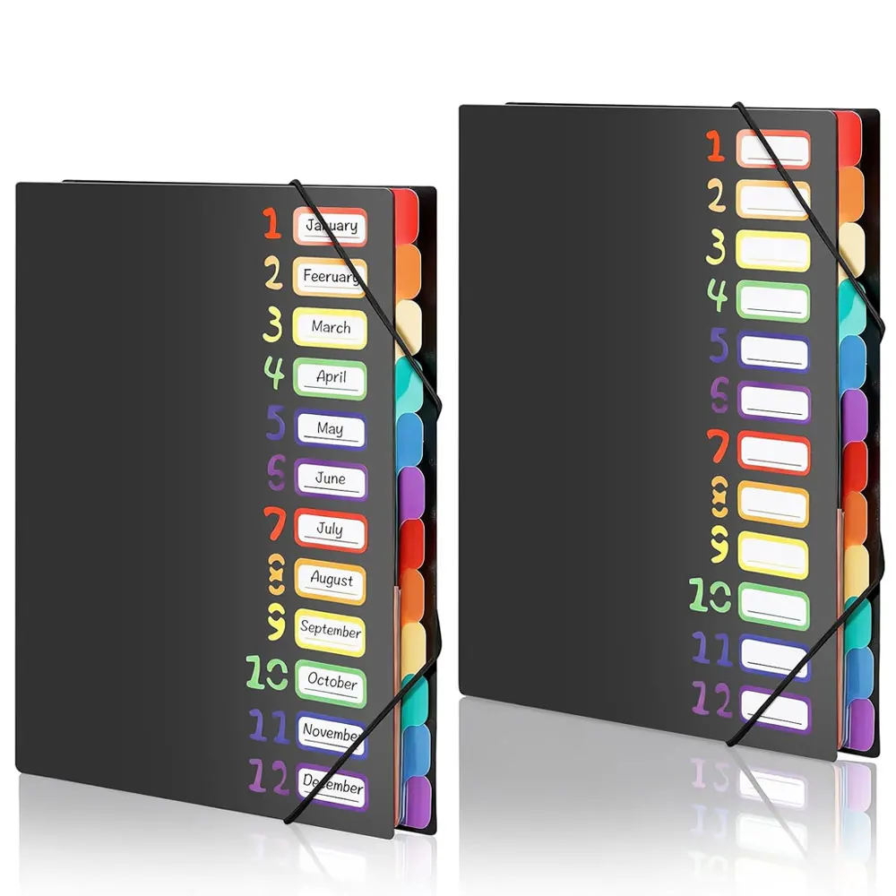 2-Pack 12-Page A4 Expandable File Folders, 24-Pocket Organizers with Elastic Closure & Color Tabs for School, Office and Home