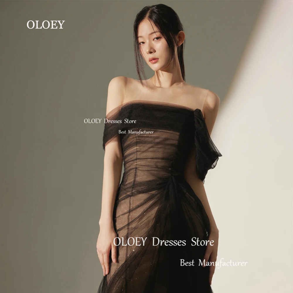 OLOEY One Shoulder Fairy Black Mermaid Evening Dress Wedding Photo Shoot Tulle Korea Party Formal Prom Gowns Corset Floor Length