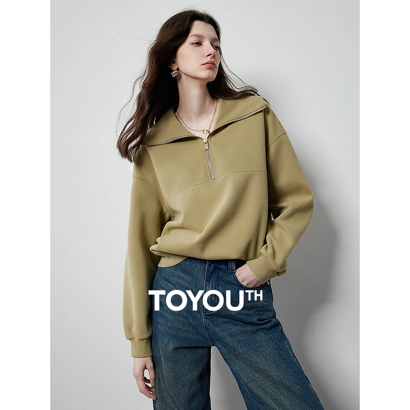 TOYOUTH Women Hoodies Sweatshirt 2024 Autumn New Zipper POLO Collar Sport Casual Pullover Tops