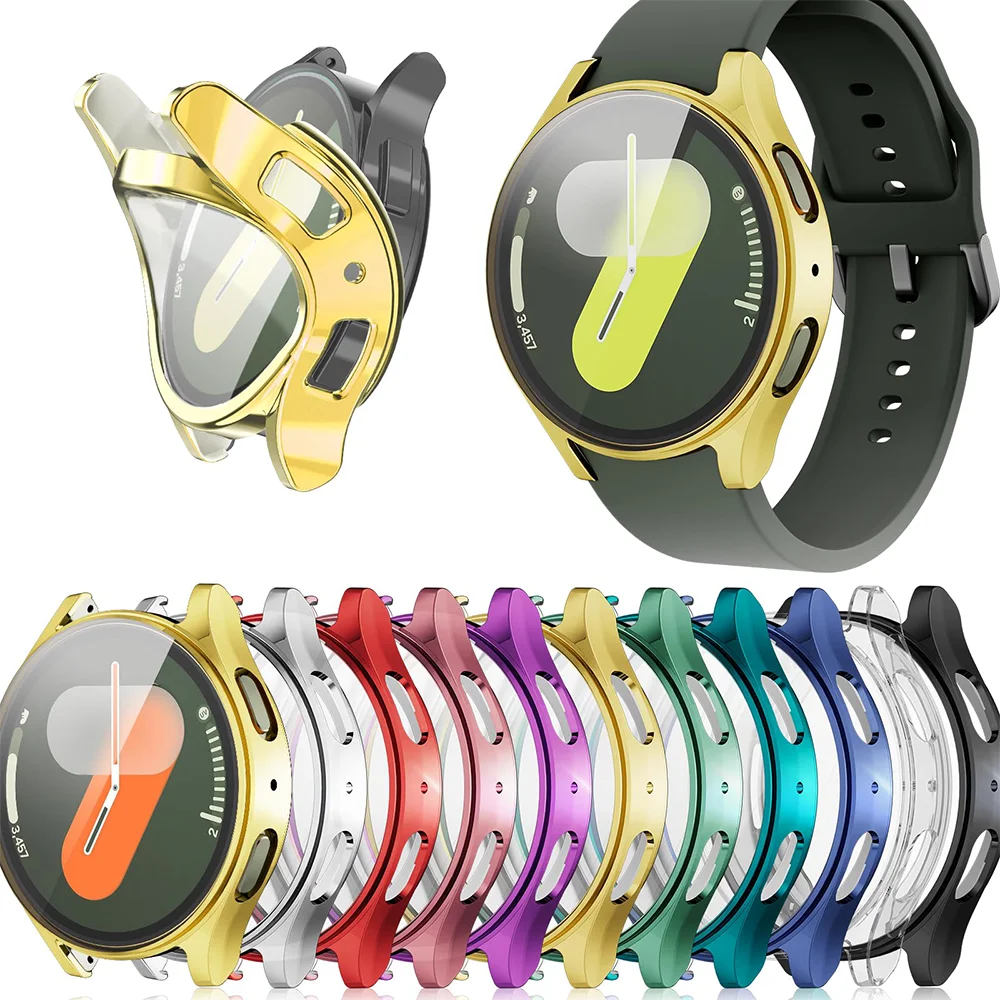 Capa protetora para samsung galaxy watch 4 5 6 7 40mm 44mm, cobertura de silicone tpu, proteção de tela, acessórios completos