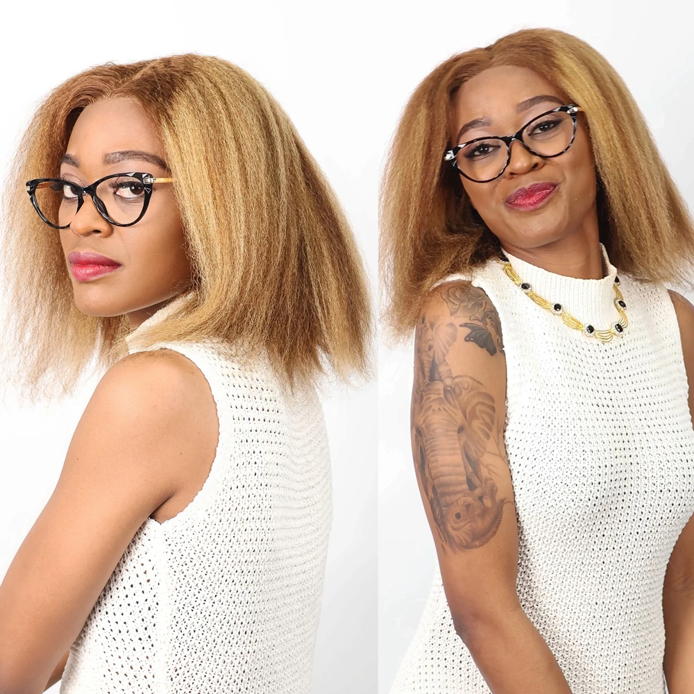Kinky reta ombre destaque curto bob perucas 13x4 hd frente do laço perucas de cabelo humano feminino # P4/27 perucas frontais sem cola marrom Yaki