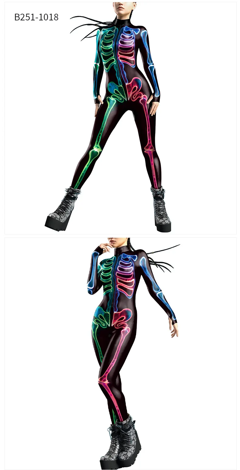 Karneval Halloween Party Fluoreszierender Skelett-Druck Damen Sexy Jumpsuit Cosplay Kostüme Ausgefallener Totenkopf-Bodysuit Mujer 2026 – Detail 14
