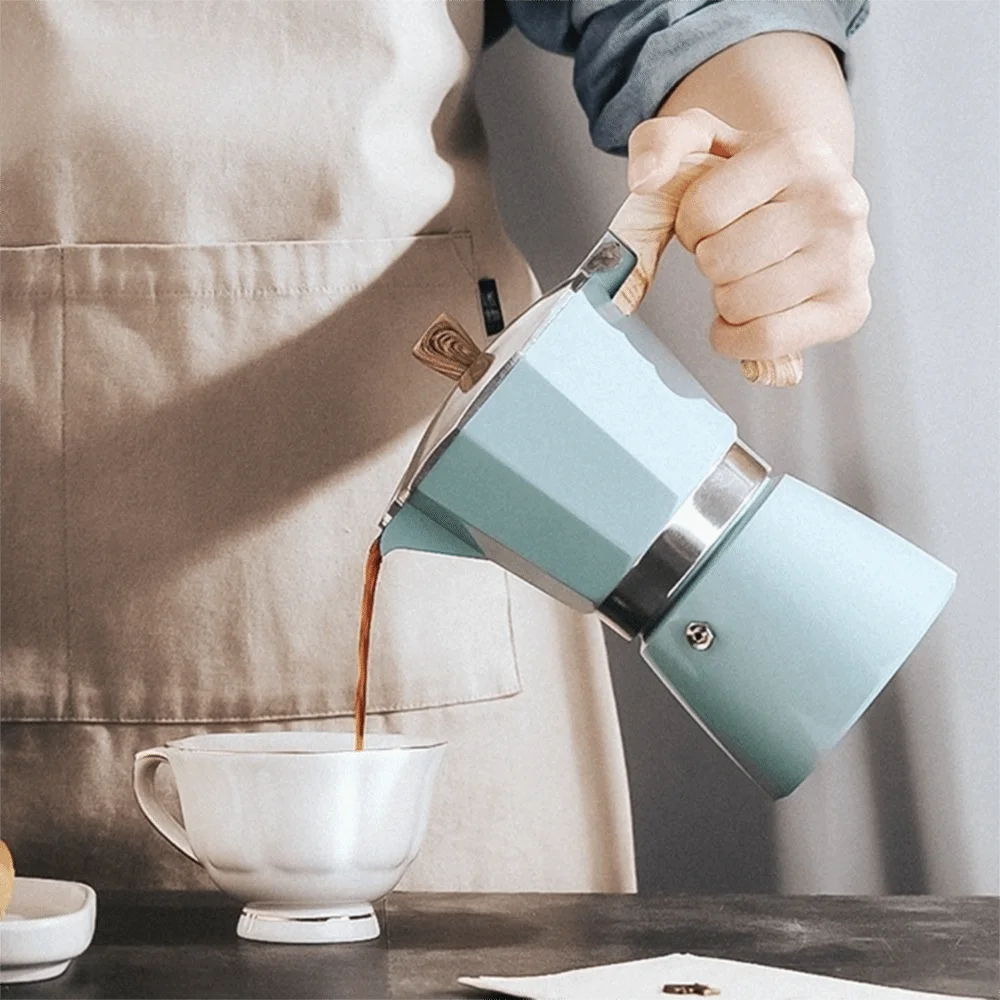 

Octagonal Aluminum Moka Pot Wood Pattern Handle 150ml/300ml Brewing Coffee Pot Durable Brewing Tool Coffee Percolator Home