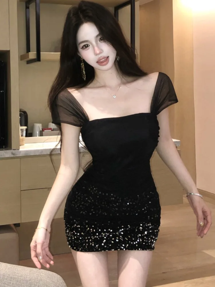 

Black Sexy Spicy Girl Mesh Sequin Slimming Dress Evening Gown Pure Desire Bodycon Skirt Women's Short Korean Style Commute