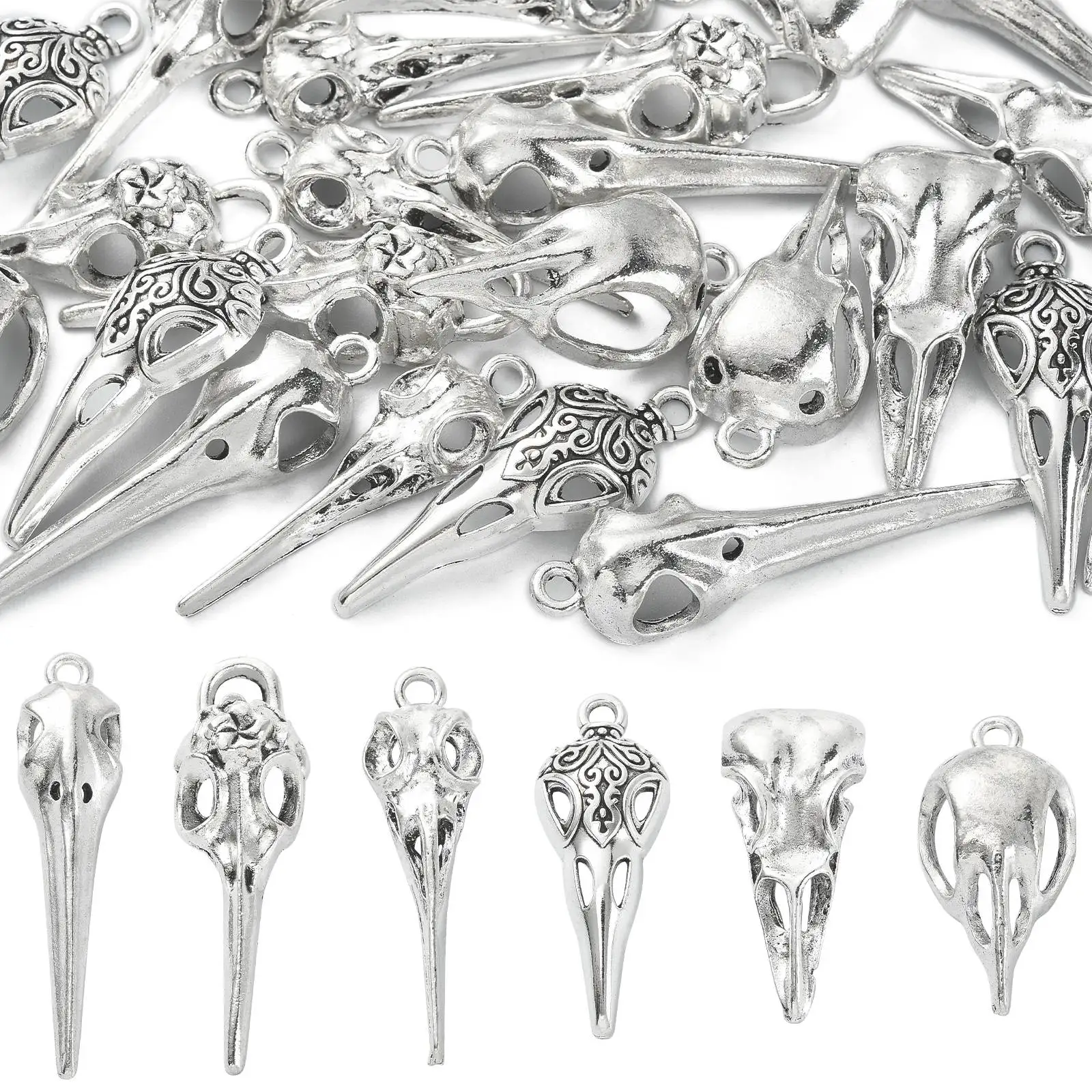PandaHall 30 Stück 6 Stile Vogelkopf Krähen-Schädel-Anhänger Phantom-Tierknochen-Skelett-Anhänger für Schmuckherstellung Halloween DIY – Detail 3