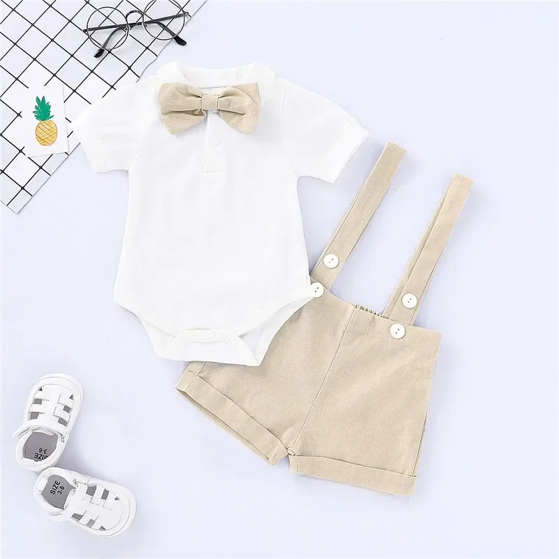 2PCS Summer Newborn Boy Gentlemen Clothes Set Bowtie Short Sleeve Cotton Romper+Suspender Pant Wear for Toddler Boy 0-24 Months