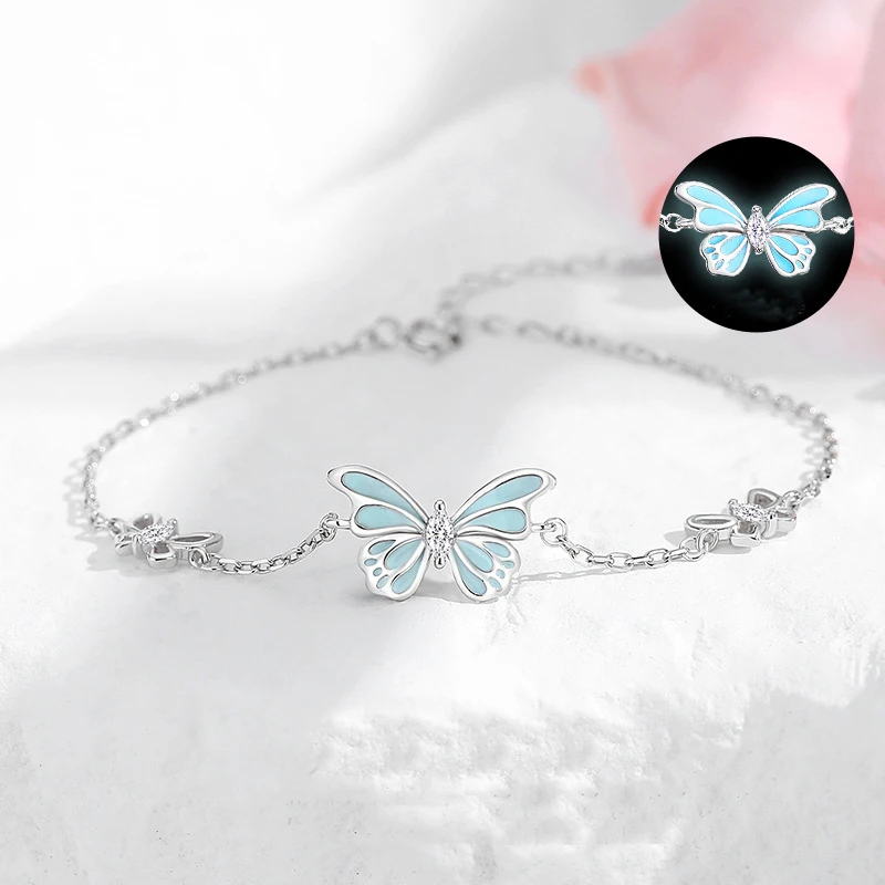 

925 Silver Blue Luminous Butterfly Necklace Shining Zircon Hollow Bracelet Women's Birthday Anniversary Jewelry 2-piece Set