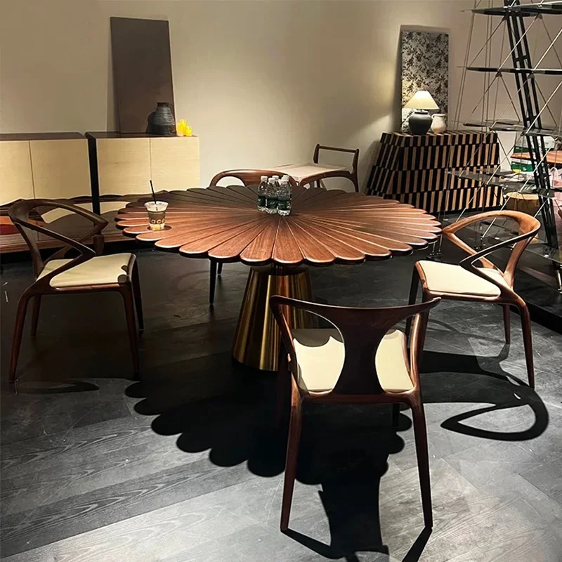 Italian walnut meal, modern villa high-end living room, stainless steel round dining table