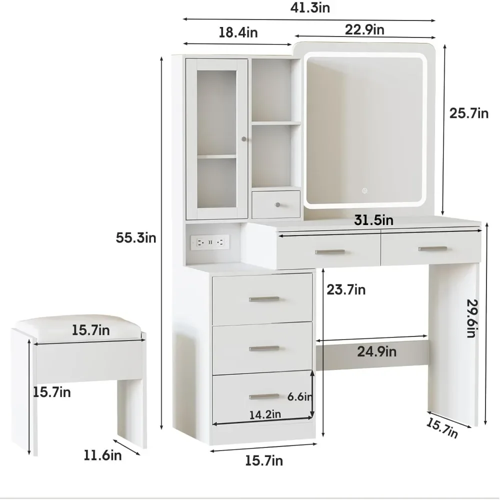 

Makeup Vanity Desk with Mirror and Lights, Dressing Table with Cabinet, 5 Drawer, Hooks, Storage Shelves, Chair, Vanity Desk