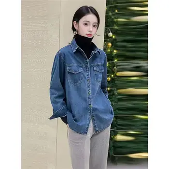 Camicia in denim da donna con colletto polo, strato base, primaverile e autunnale, nuovo design, vestibilità aderente, abbigliamento a strati, manica lunga, origine Cina 6 best sales Crema superiore - №5