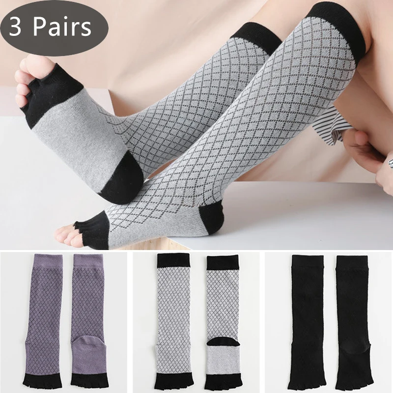 3 Pairs 5 Finger Socks Long Women Stockings Cotton Elastic Endurable Expose toes Leg Pile Below The Knee Calf Toe Socks Girl