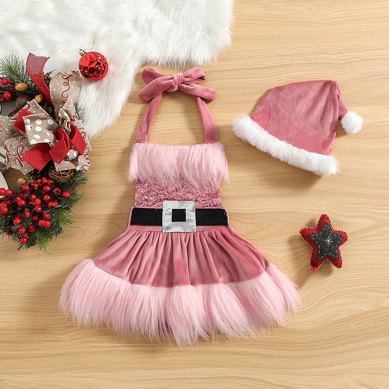 Baby\'s Clothes Girls Christmas Romper Dress Sequins White Plush Trim Patchwork Halterneck Sleeveless Tutu Jumpsuits with Hat