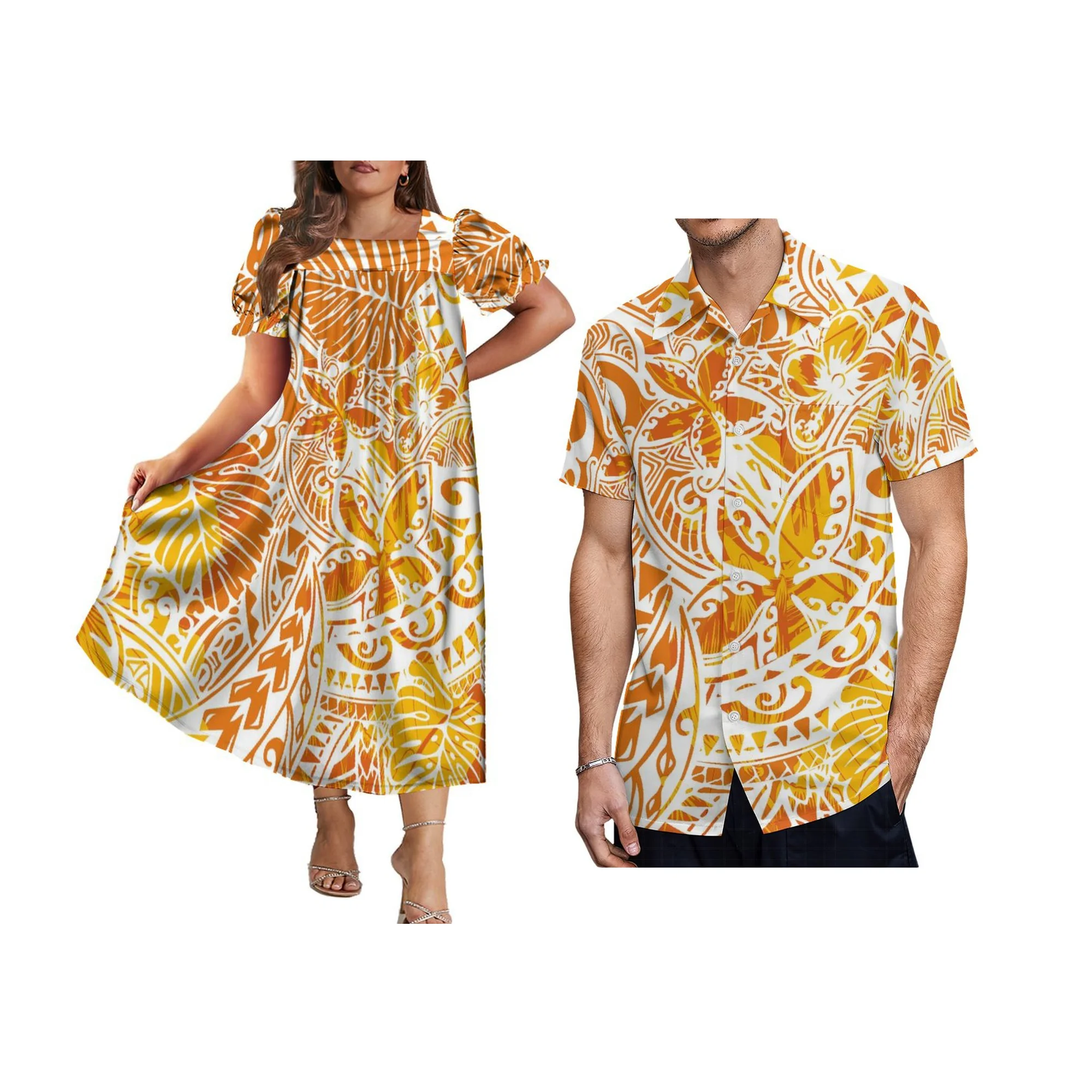 Hot Sales Custom Print Hem Widened Micronesia Mumu Dress Square Neck  Pufy  Plus Size Women Pacific Island Dress