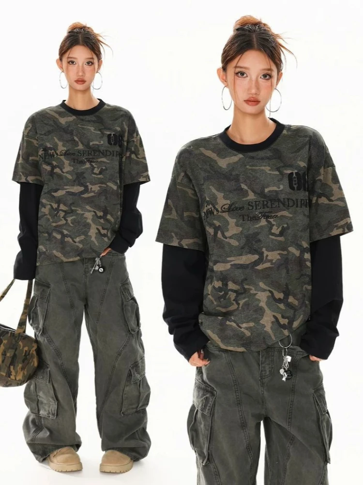 

Винтажные камуфляжные футболки с буквенным принтом Deeptown для женщин и мужчин, искусственные футболки из двух предметов с длинным рукавом, футболки большого размера в американском стиле в стиле хип-хоп