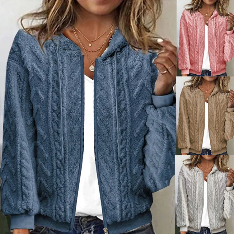 

2025Popular New Fall Women's Clothing Cardigan Zipper Hoodie with Drawstrings Solid Color Wool Coat Sweatshirt