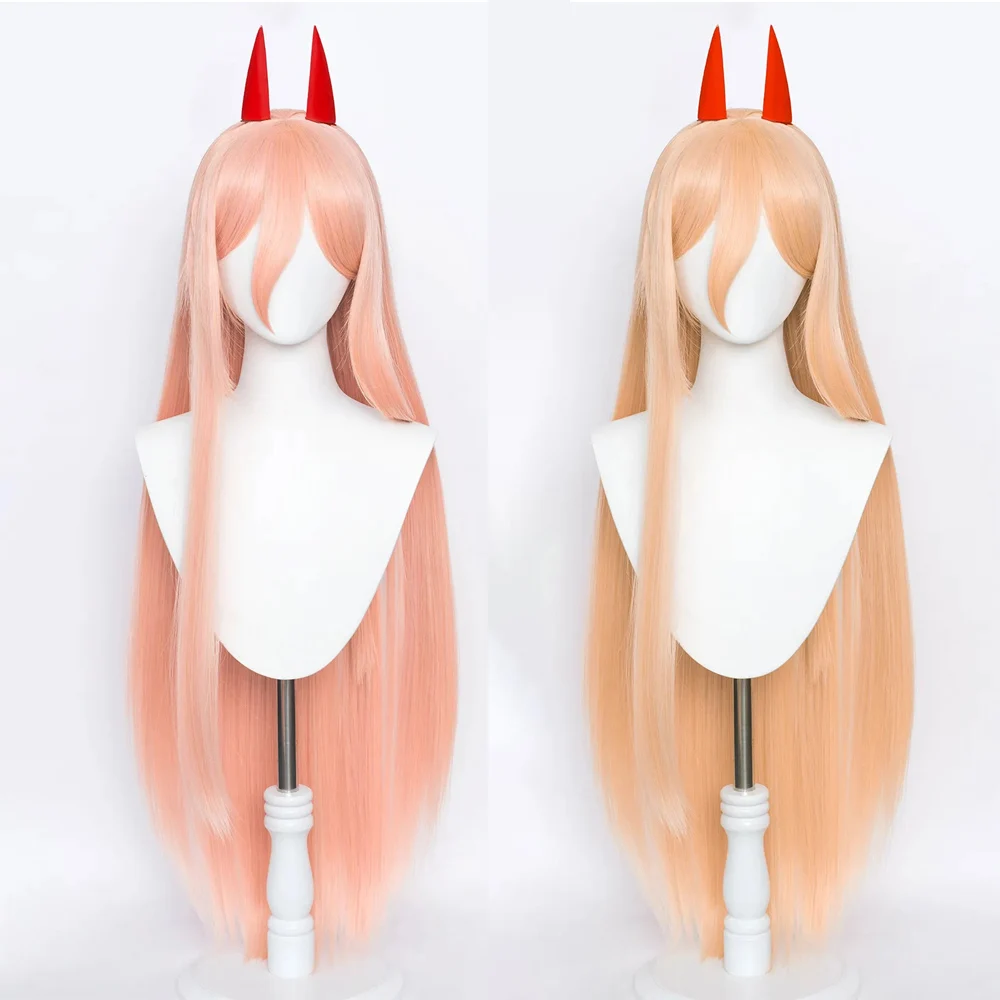 Anime Chainsaw Man Makima Power Cosplay Wig Long Orange Pink Heat Resistant Synthetic Hair Party Role Play Wigs + WigCap + Horns