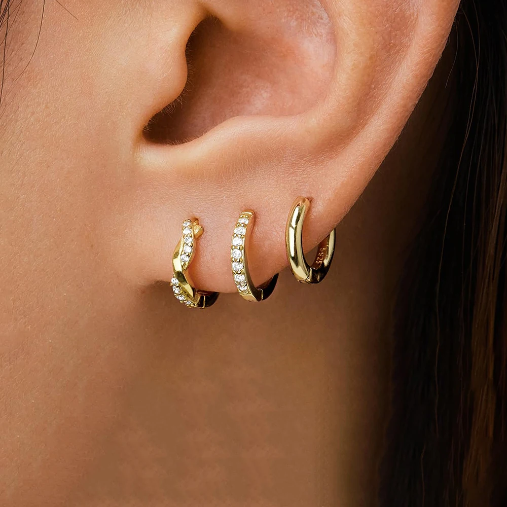 3 Pieces Fashion Stainless Steel Twisted Huggie Earrings Set for Women 14K Gold Plated Hoop Earring Punk Unisex Rock Jewelry