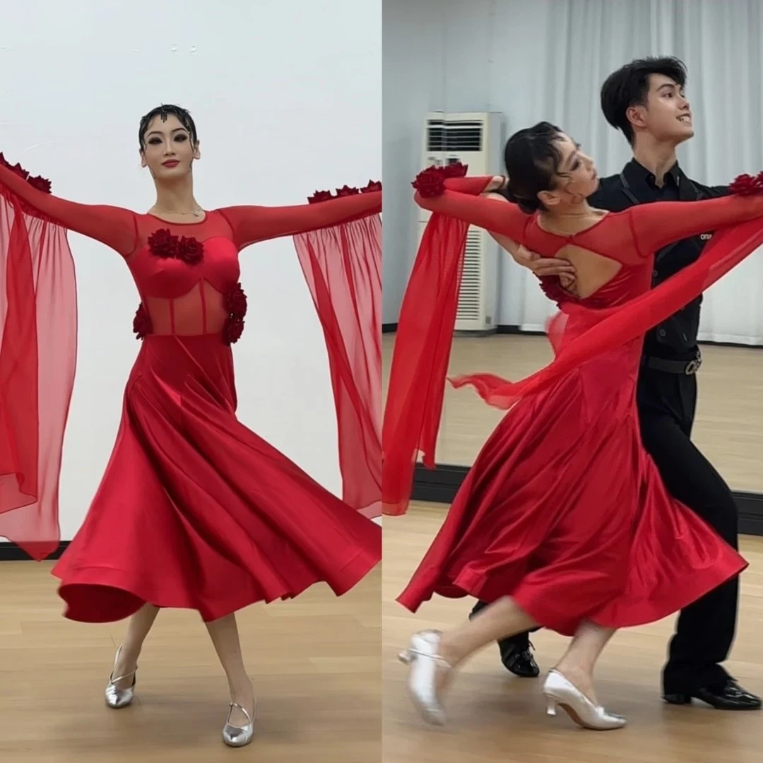 

2026 Red Waltz Dance Dress Women Ballroom Dance Performance Costumes Long Sleeves Flowers Tango Dress Competition Dress BL18438