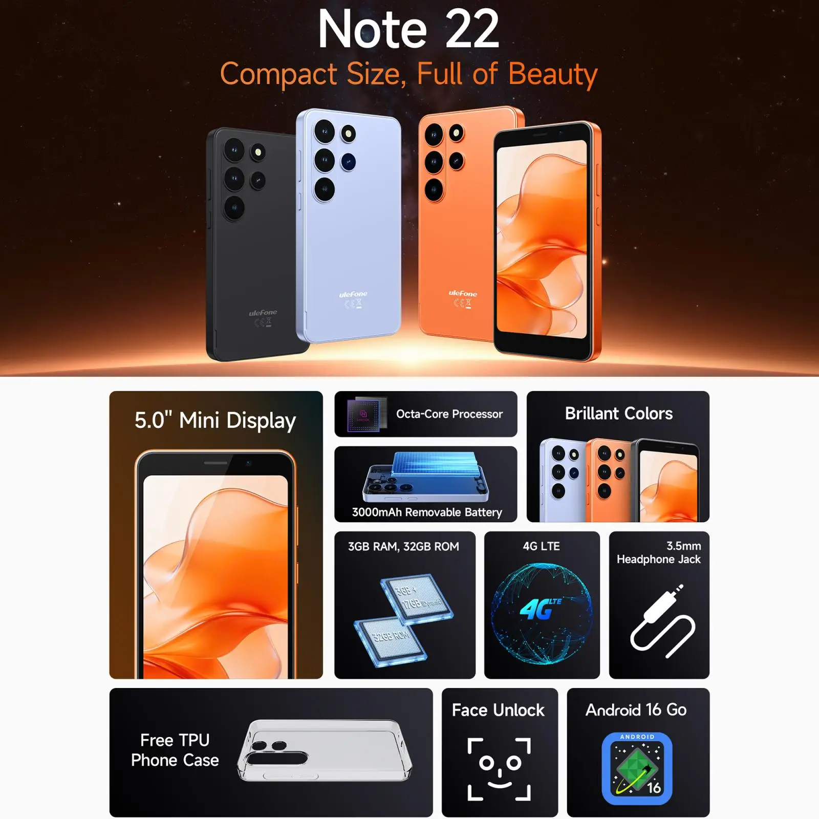 Ulefone Note 22 Smartphone 3GB+32GB 5 inch Android 16 Go Unisoc T7100 Octa Core Face Unlock 2MP Camera 4G OTG Cell Phone