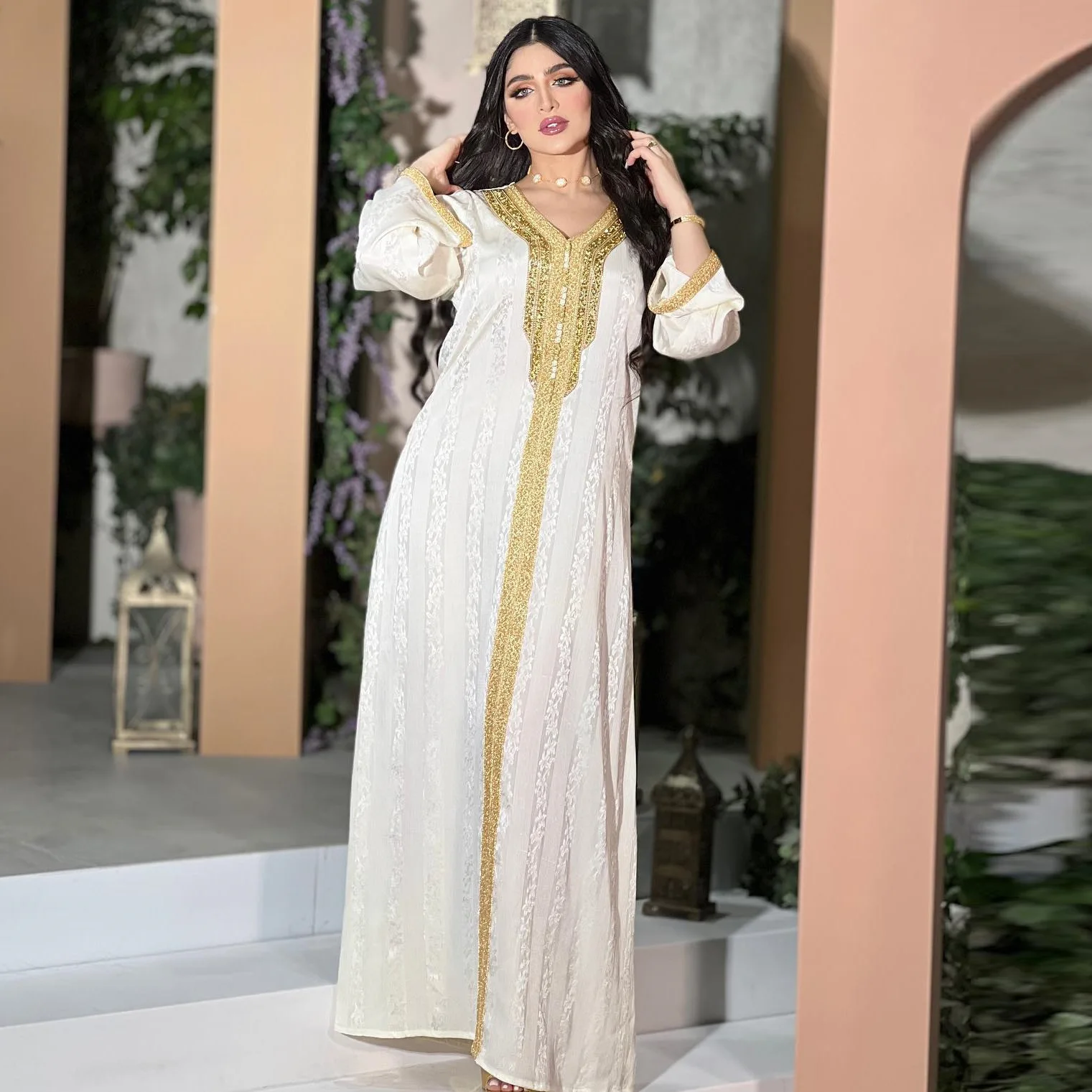 Ab205abaya new women's wear hot diamond lace robe Muslim White Satin Jacquard Dress