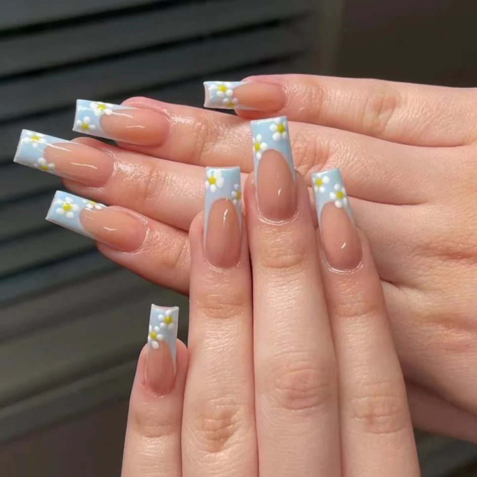 24 szt./partia Różowe Długie Sztuczne Paznokcie Baletki Francuski Manicure Ozdobione Perłami i Cyrkoniami, Naklejane Paznokcie Akrylowe