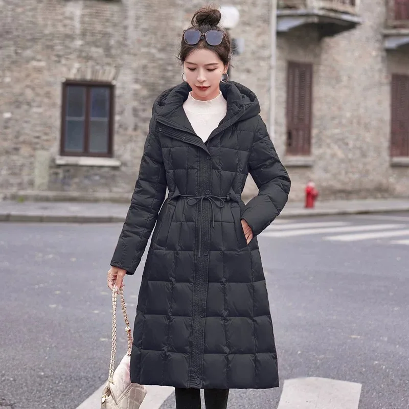 2024 New Outerwears Women\'s Down Parker Simple Drawstring Waist Coats Down Windproof Thickened Hooded Long Women\'s Jacket