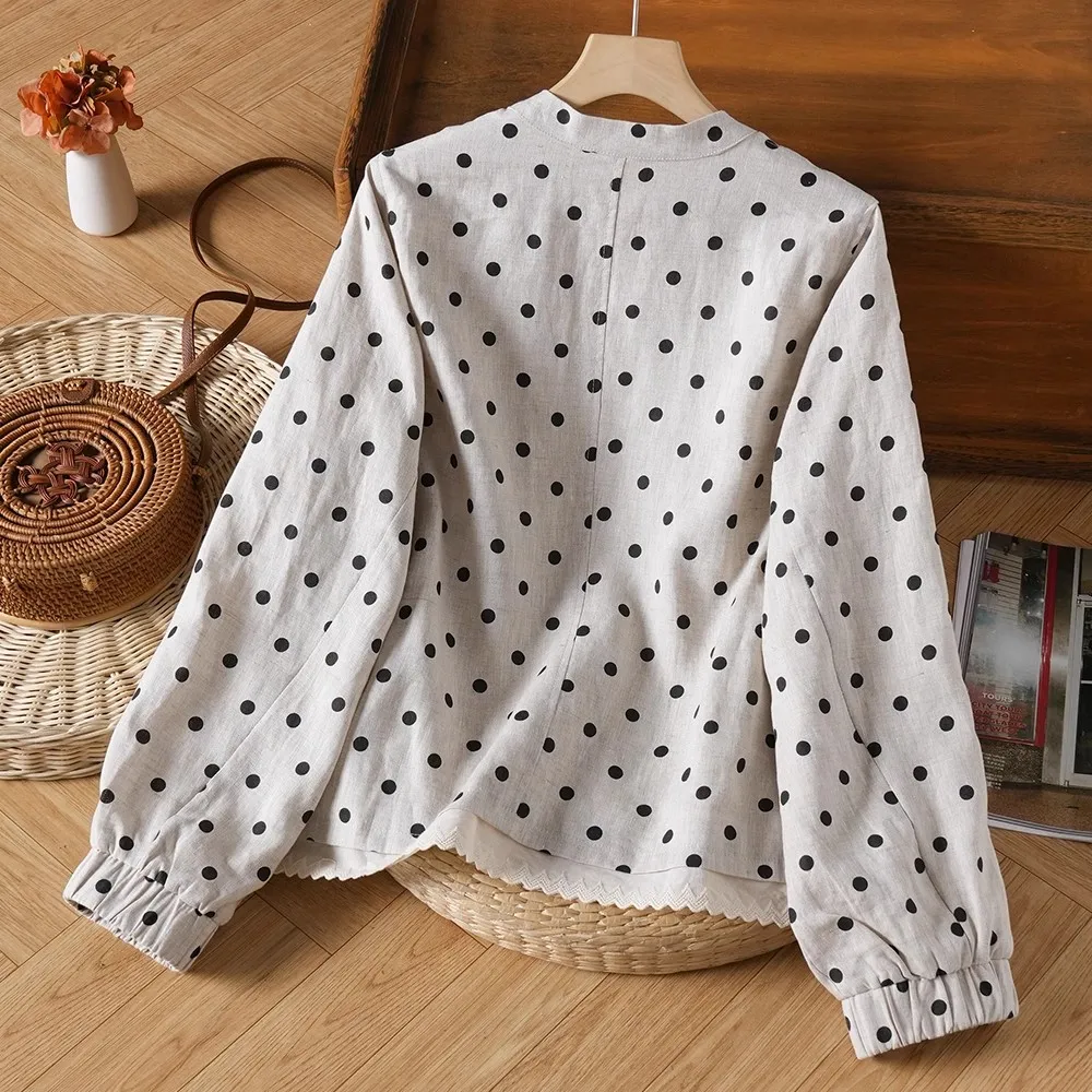 ربيع الخريف فضفاض طويل Sve المرأة سترة عادية Sle الرجعية البولكا نقطة أعلى ort طول زر حتى مزيج القطن والكتان #3