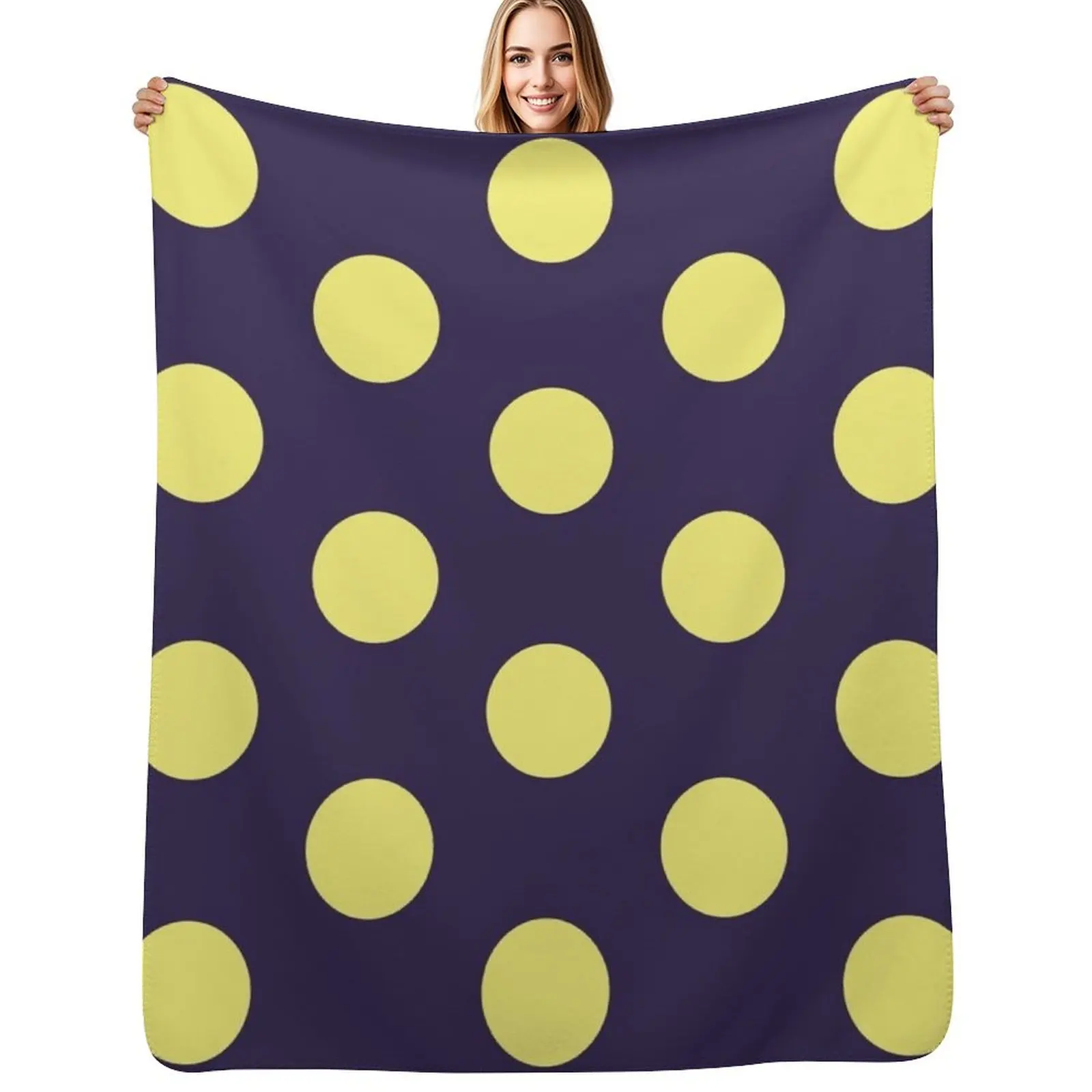 

Large YELLOW and NAVY BLUE POLKA DOTS Throw Blanket Multi-Purpose For Decorative Sofa Giant Sofa Camping Blankets