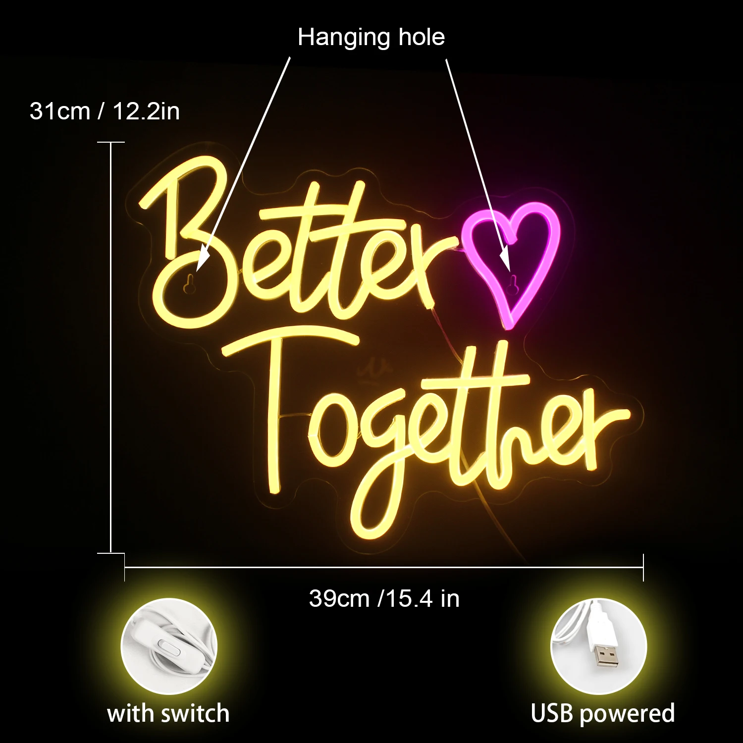 Better Together Neon Sign USB Powered Warm White Led Neon Light for Wedding Engagement Party Anniversary Birthday Gifts Neon