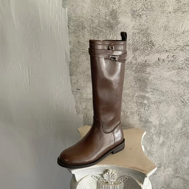 

Women's genuine leather metal buckle side zip autumn knee high knight boots round toe soft comfortable casual female long boots