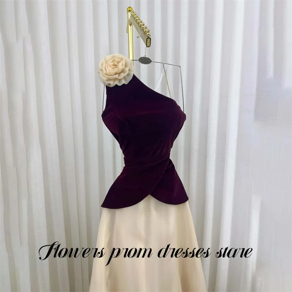 Flowers Burgundy and Champagne Prom Dresses One Shoulder Celebrity Dress with 3D Floral Evening Dress A Line Modest Customized