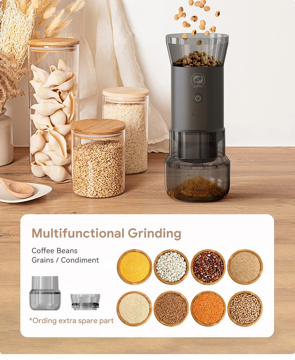 Elektrische tragbare Kaffeemühle aus Edelstahl, Multifunktions-Mahlmaschine für Kaffeebohnen, Bohnen, Getreide und Kräuter – Detail 19