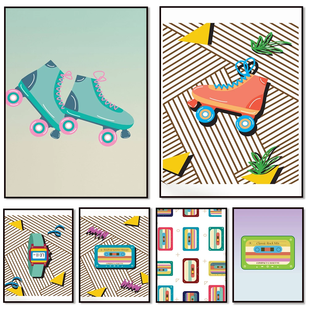 Vintage 80s Poster, 80s Cassette Tape, 80s Roller Skates, Trendy Canvas Painting Print Home Decor Picture