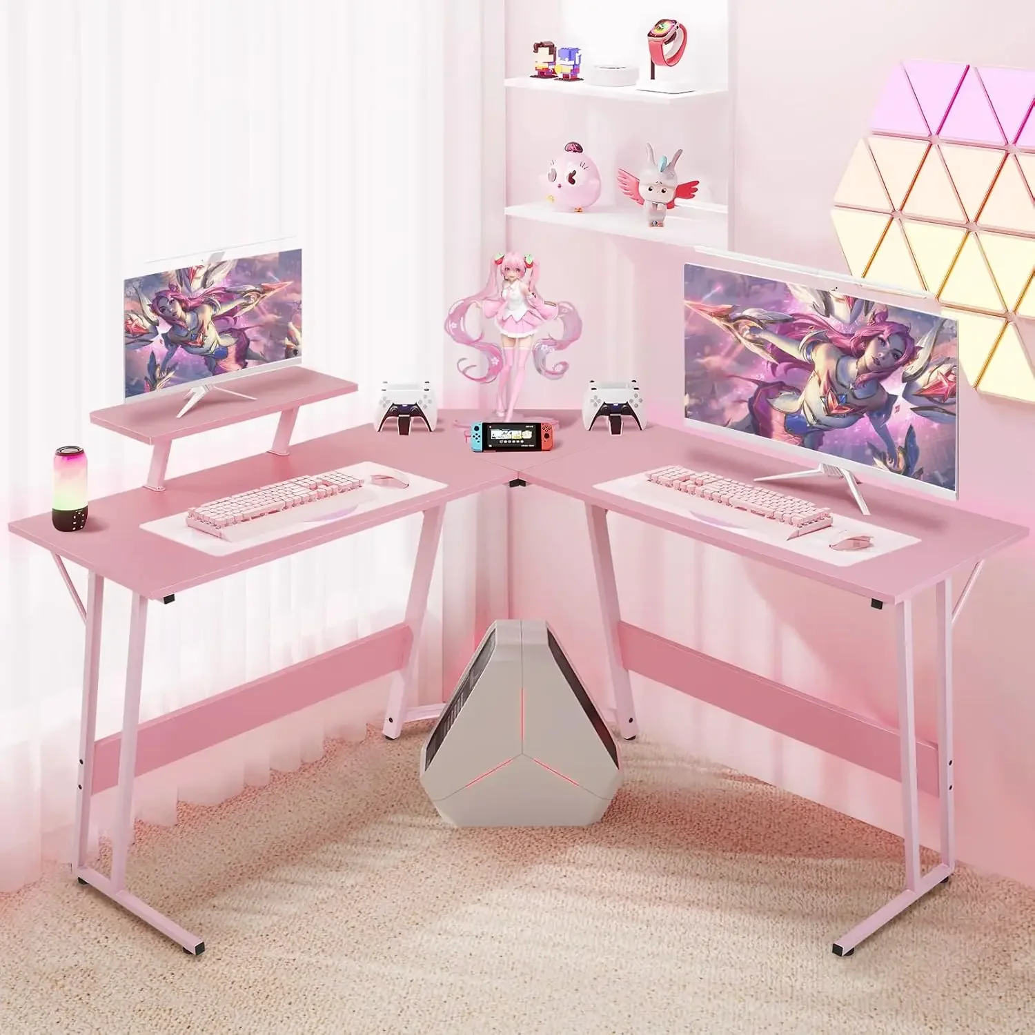 Table with Monitor Stand Corner Desk with MDF Board Surface, Home Office Desk for Girl Women Gift for Gaming Working Study