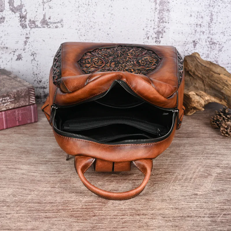 Vintage Women Leather Backpack Floral Female Double Shoulder Bag Functional Chiniese Style Ladies Handbag