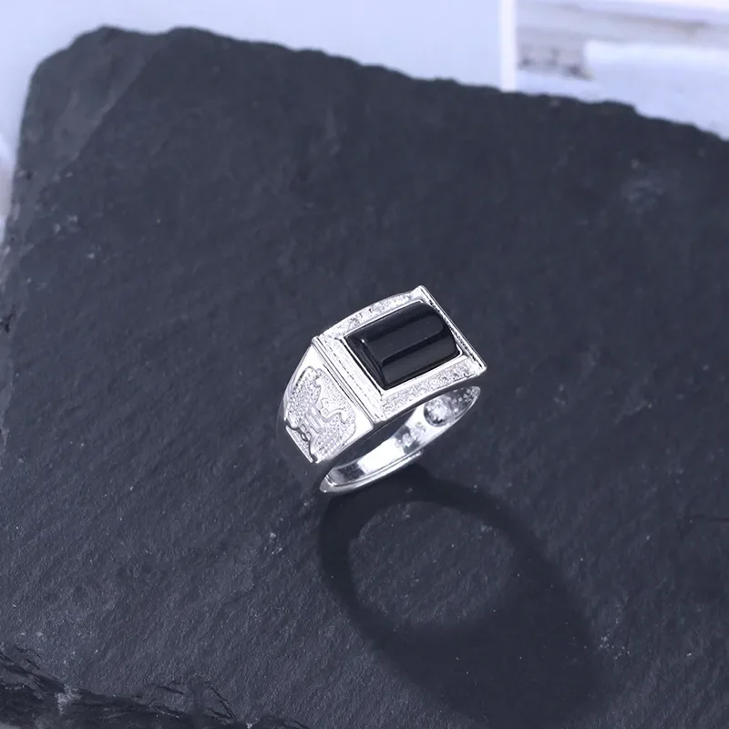 Imitation Obsidian Ring Men Business Fashion Domineering Big Black Stone Diamond Simple Trend Wide Open Adjustable Band