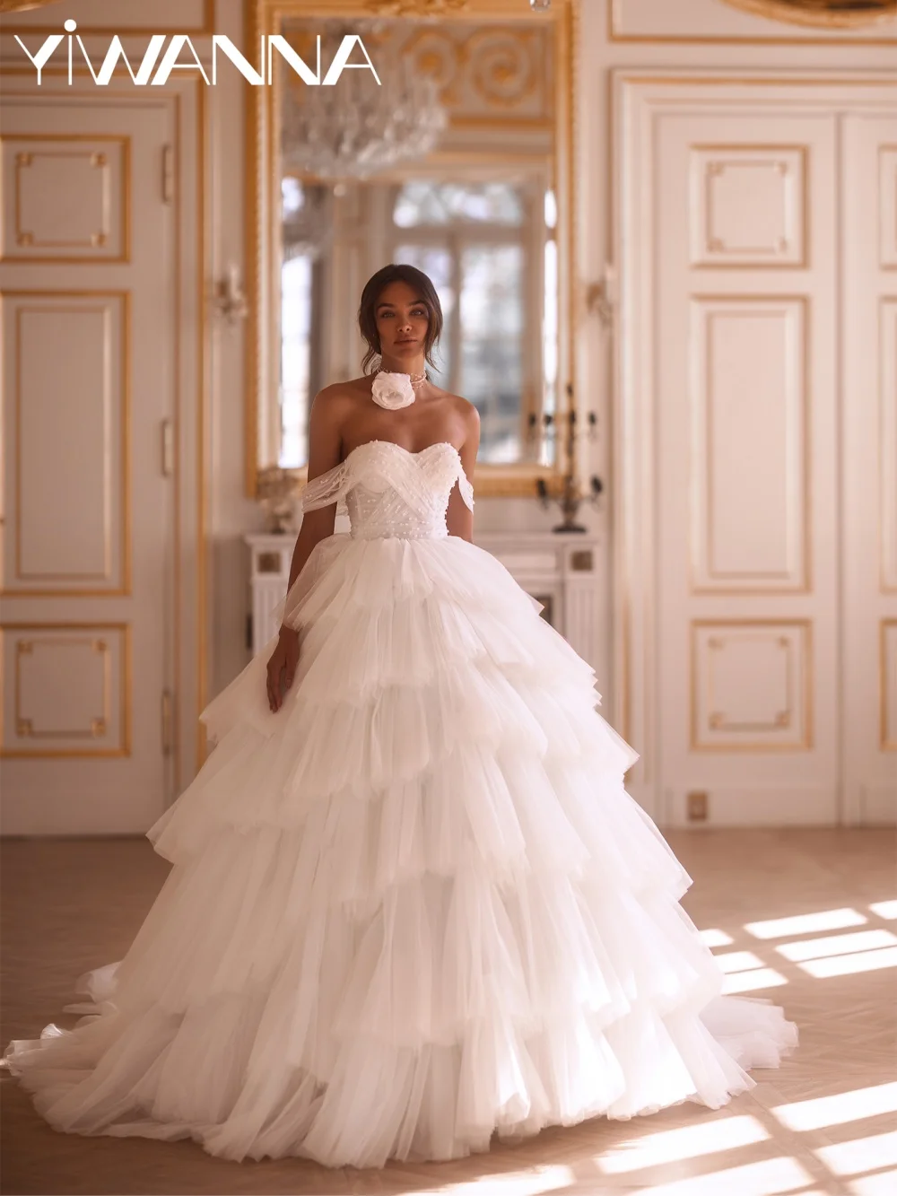 

Tiered Pearls Tulle Princess Wedding Dress Charming Sweetheart Neck Bridal Gown Customized Dreamy Off Shoulder Dresses For Bride