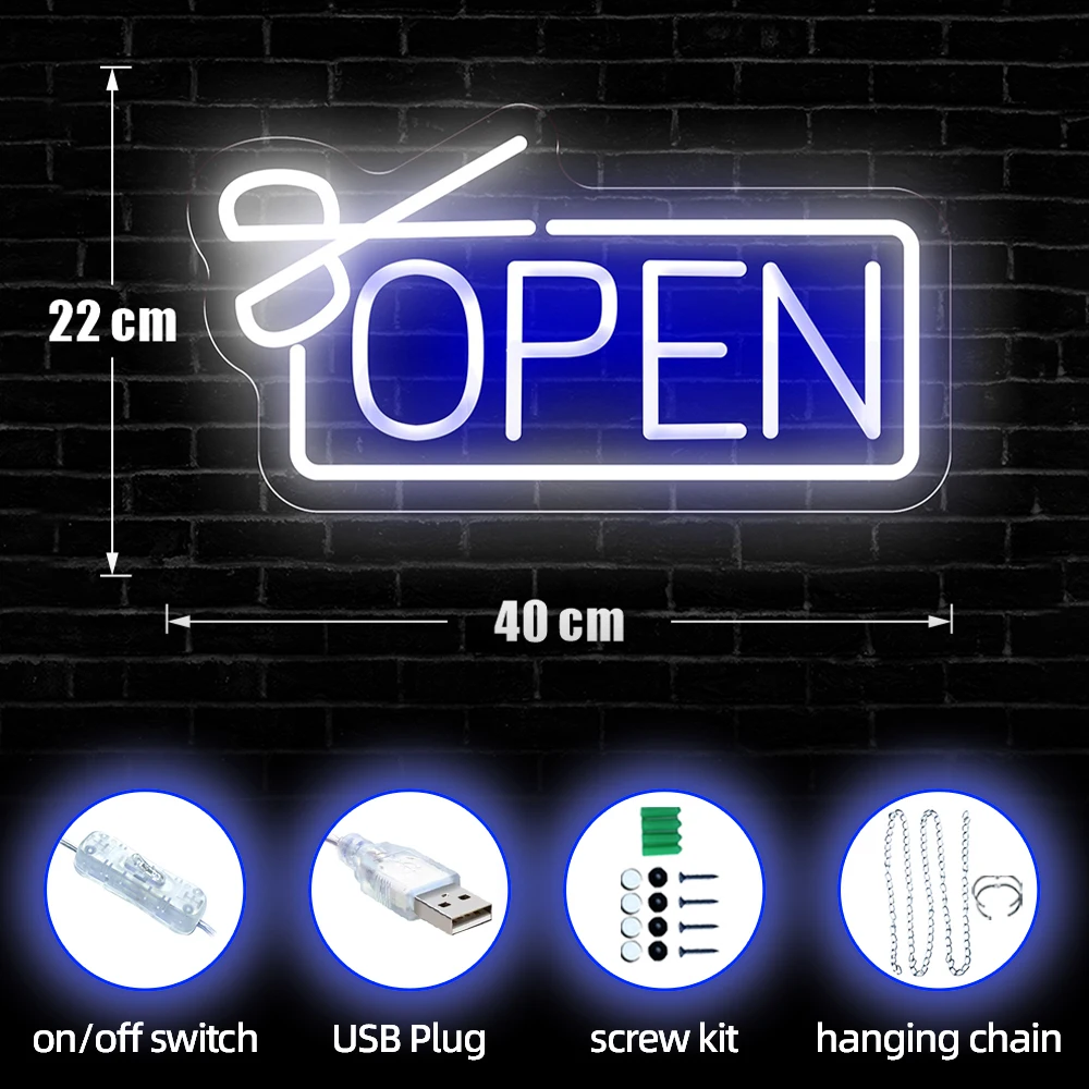 LED Neon Lights Barber Shop Neon Sign Lights Hair Salon Open Neon LED Sign Scissors Hair Room Decor Wall Welcome Sign Light Up