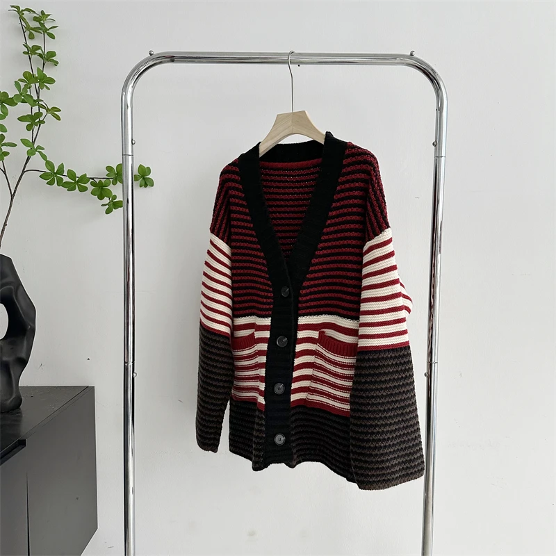 [ZOCI] Sheep Wool Thick Red Striped Knitted Sweater Style Loose Cardigan Jacket