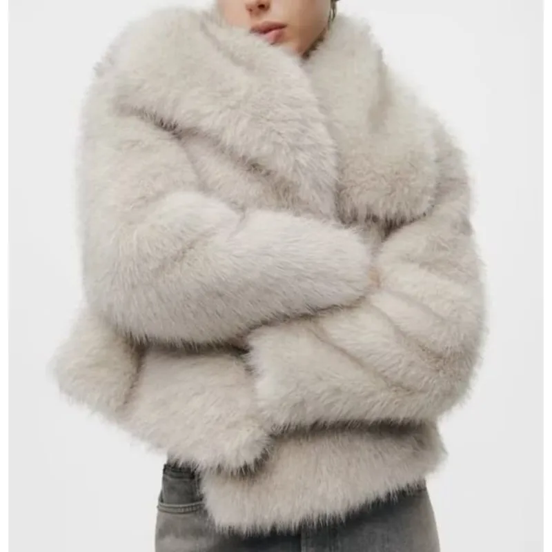 

Fashion Furry Fluffy Faux Fur Coats Women Lapel Warm Jacket Solid Thickened Long Sleeve Fur Plush Overcoat Lady Fall Winter Coat