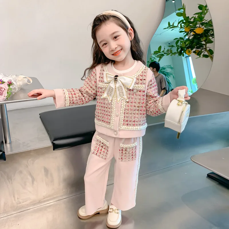 Baby Girls Clothing Sets Autumn Children Plaid Bow Coats Pants 2 Pcs Suit Sweet Style Princess Costumes Kids Clothes Outfits