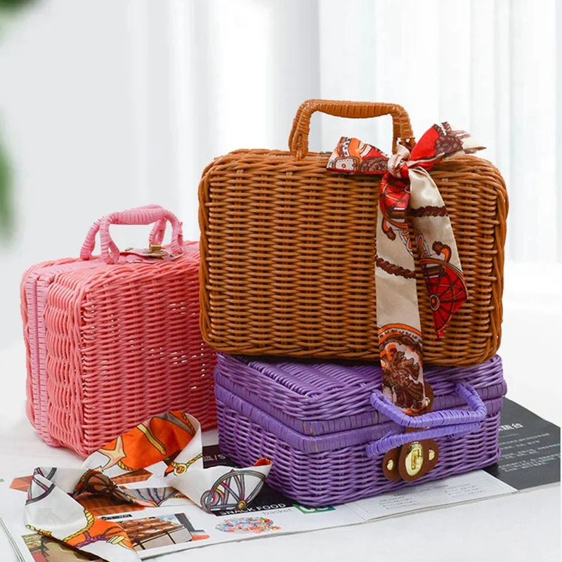 Retro Imitation Rattan Picnic Basket Woven Suitcase Hand Woven Photography Props Home Decoration Storage